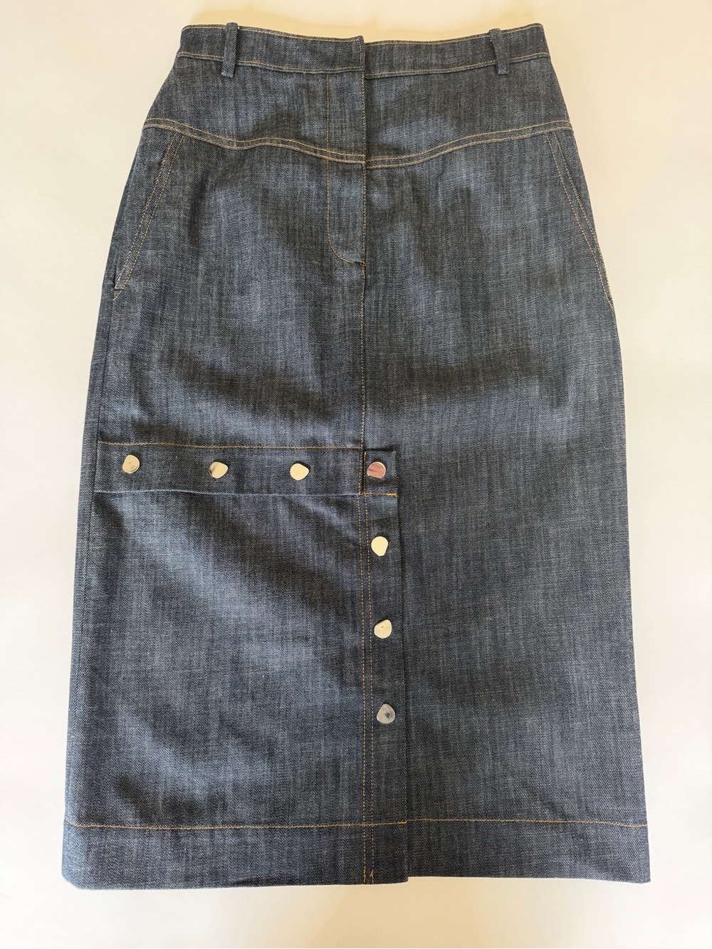 Tibi Dark Blue Denim Midi Pencil Skirt with Asymmetrical Stud Placket / 4